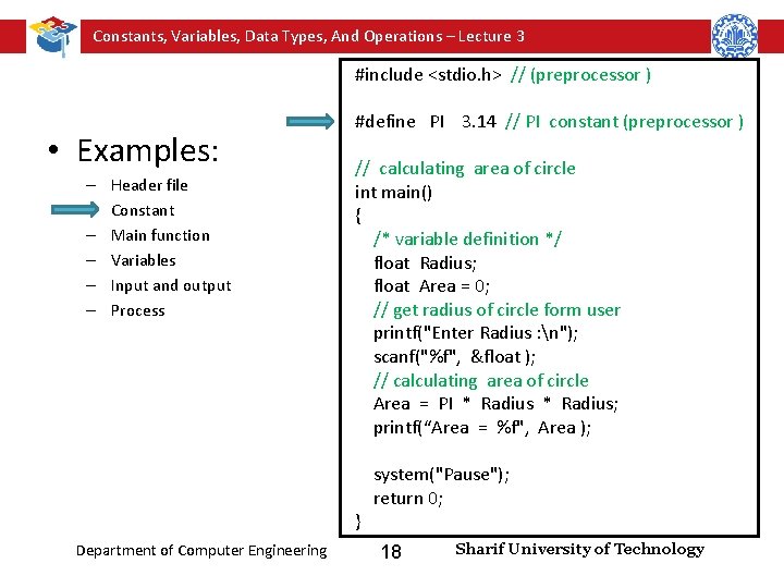 Constants, Variables, Data Types, And Operations – Lecture 3 #include <stdio. h> // (preprocessor