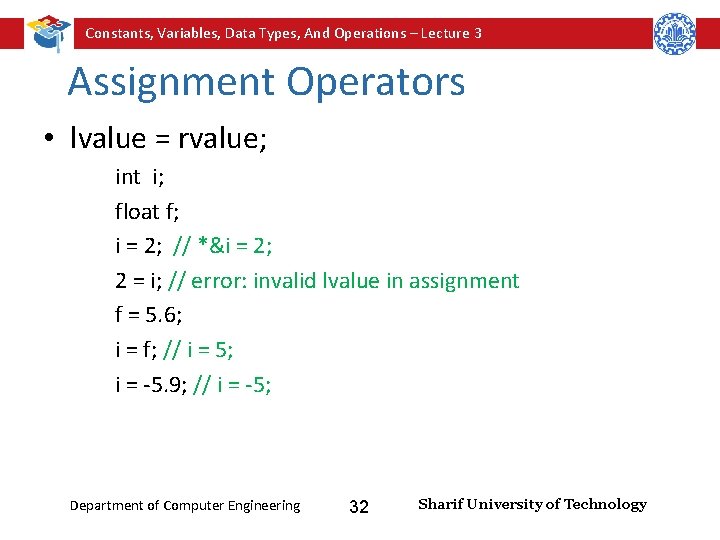 Constants, Variables, Data Types, And Operations – Lecture 3 Assignment Operators • lvalue =