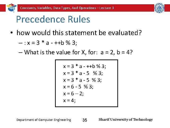Constants, Variables, Data Types, And Operations – Lecture 3 Precedence Rules • how would