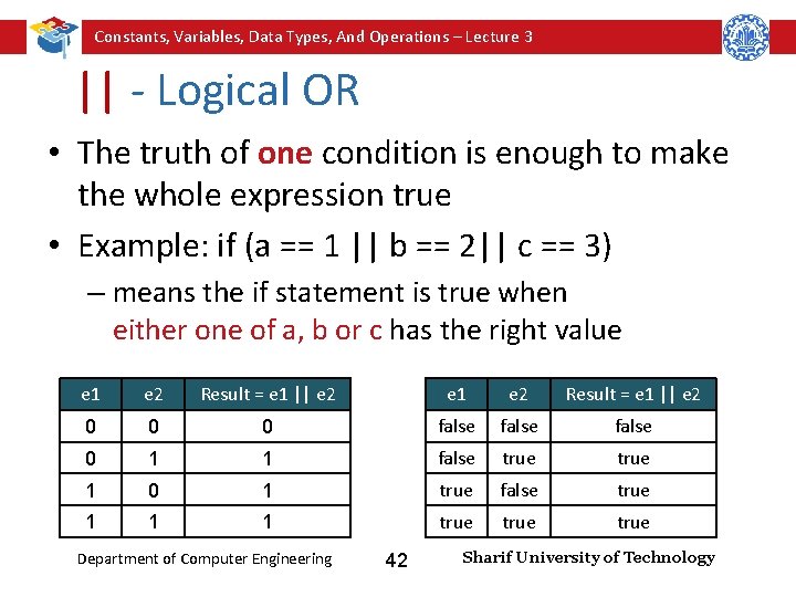 Constants, Variables, Data Types, And Operations – Lecture 3 || - Logical OR •