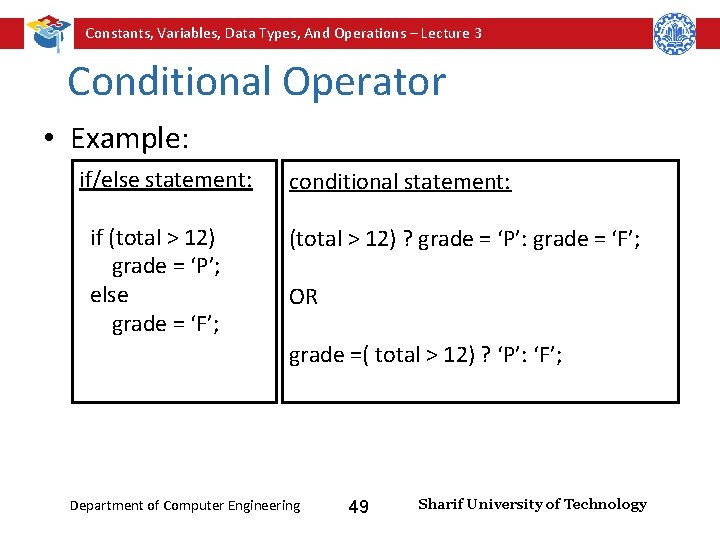 Constants, Variables, Data Types, And Operations – Lecture 3 Conditional Operator • Example: if/else