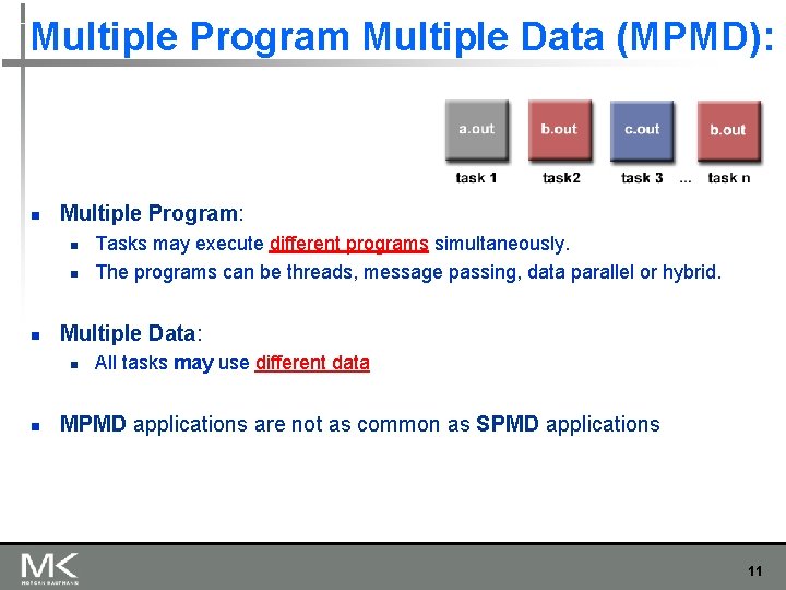 Multiple Program Multiple Data (MPMD): n Multiple Program: n n n Multiple Data: n