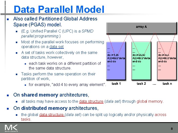 Data Parallel Model n Also called Partitioned Global Address Space (PGAS) model. n n