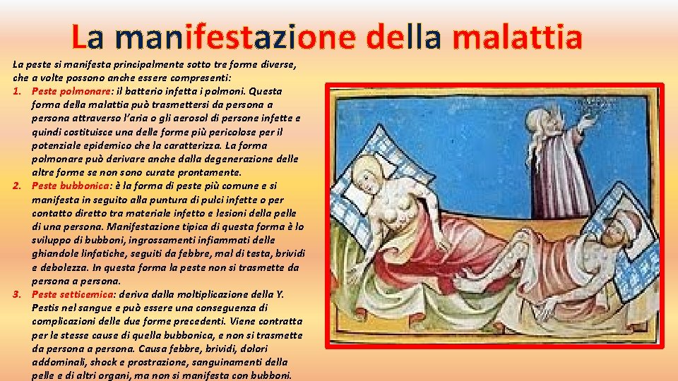 La manifestazione della malattia La peste si manifesta principalmente sotto tre forme diverse, che