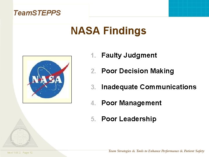 Team. STEPPS NASA Findings 1. Faulty Judgment 2. Poor Decision Making 3. Inadequate Communications