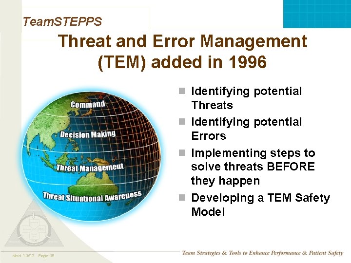 Team. STEPPS Threat and Error Management (TEM) added in 1996 n Identifying potential Threats