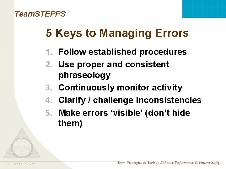 Team. STEPPS 5 Keys to Managing Errors 1. Follow established procedures 2. Use proper