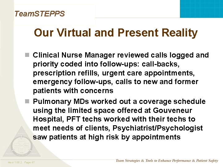 Team. STEPPS Our Virtual and Present Reality n Clinical Nurse Manager reviewed calls logged Team. STEPPS Our Virtual and Present Reality n Clinical Nurse Manager reviewed calls logged