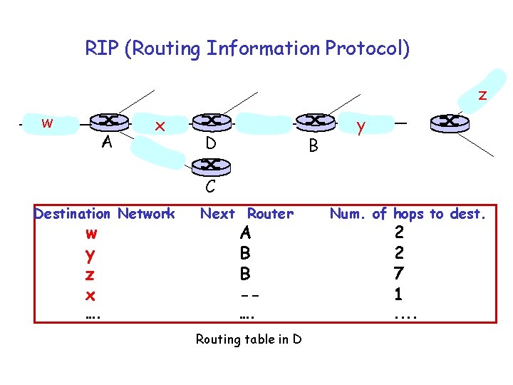 RIP (Routing Information Protocol) z w A x D B y C Destination Network