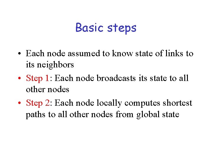 Basic steps • Each node assumed to know state of links to its neighbors