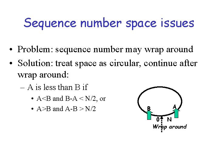 Sequence number space issues • Problem: sequence number may wrap around • Solution: treat