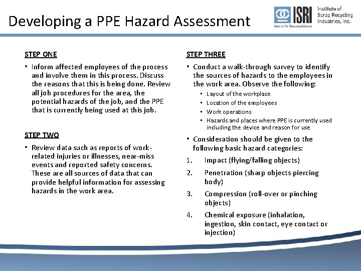 Developing a PPE Hazard Assessment STEP ONE STEP THREE • Inform affected employees of Developing a PPE Hazard Assessment STEP ONE STEP THREE • Inform affected employees of
