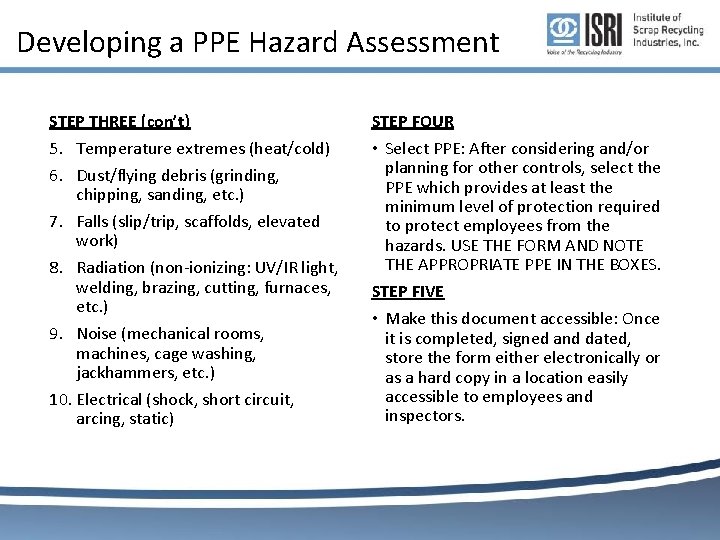 Developing a PPE Hazard Assessment STEP THREE (con’t) 5. Temperature extremes (heat/cold) 6. Dust/flying Developing a PPE Hazard Assessment STEP THREE (con’t) 5. Temperature extremes (heat/cold) 6. Dust/flying