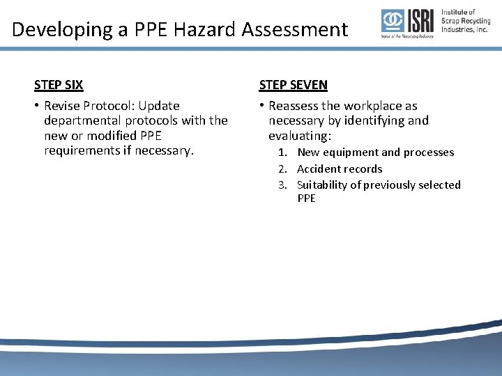 Developing a PPE Hazard Assessment STEP SIX • Revise Protocol: Update departmental protocols with Developing a PPE Hazard Assessment STEP SIX • Revise Protocol: Update departmental protocols with