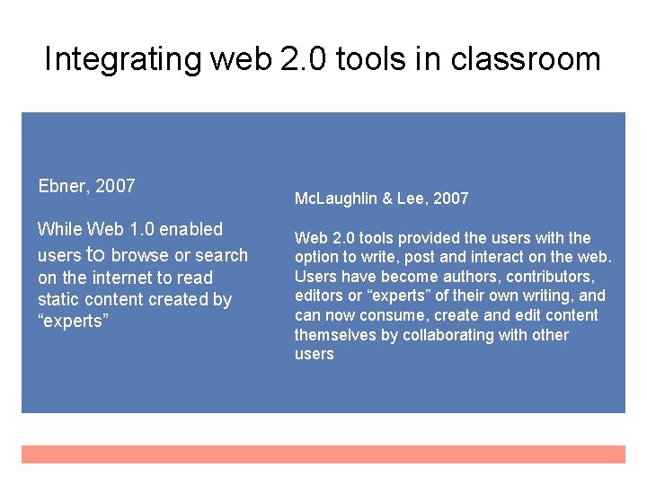 Integrating web 2. 0 tools in classroom Ebner, 2007 While Web 1. 0 enabled