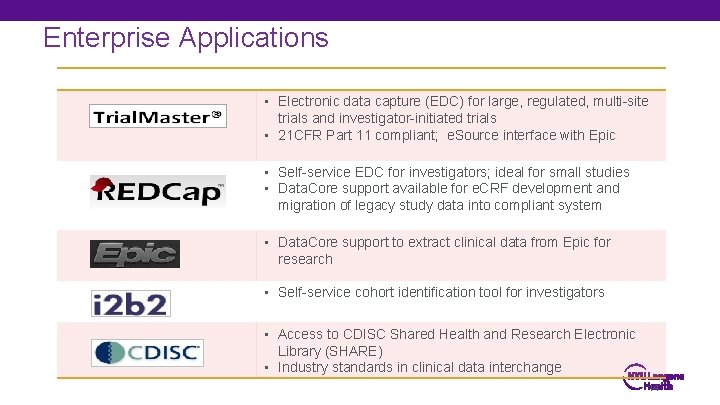 Enterprise Applications • Electronic data capture (EDC) for large, regulated, multi-site trials and investigator-initiated