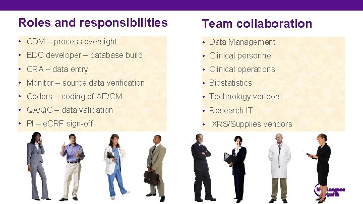 Roles and responsibilities Team collaboration • CDM – process oversight • Data Management •