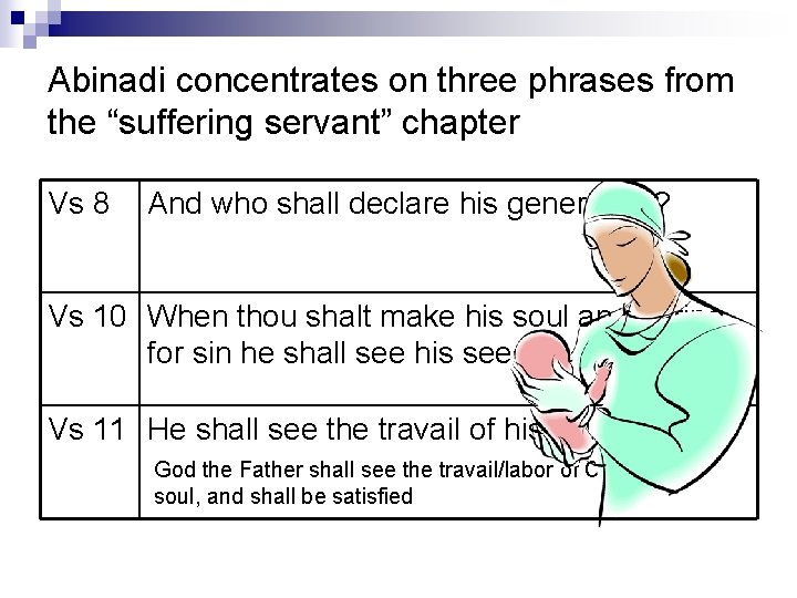 Abinadi concentrates on three phrases from the “suffering servant” chapter Vs 8 And who