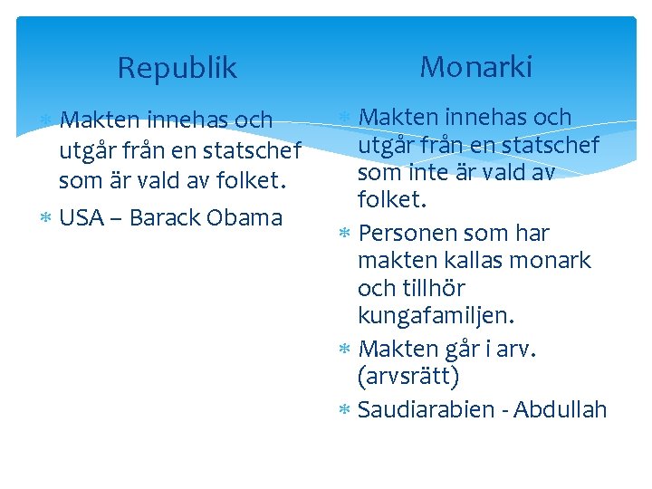 Republik Monarki Makten innehas och utgår från en statschef som är vald av folket.