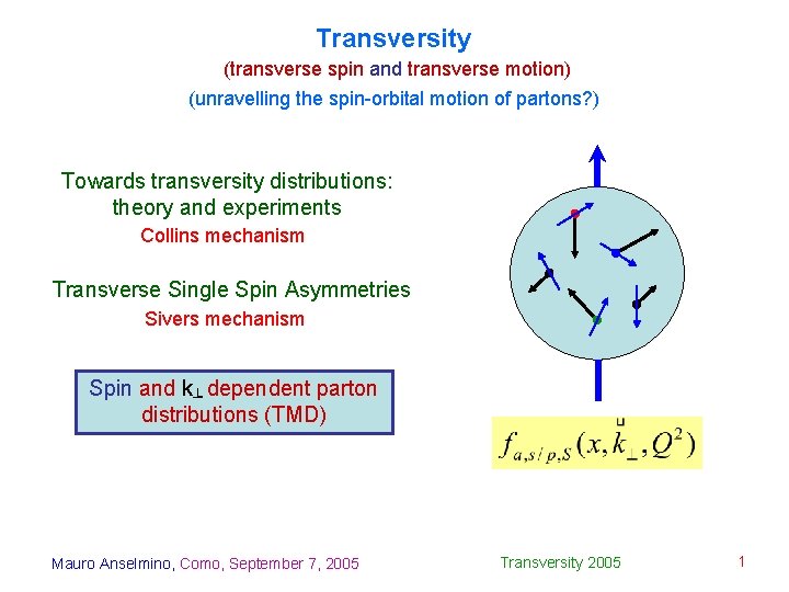 Transversity (transverse spin and transverse motion) (unravelling the spin-orbital motion of partons? ) Towards