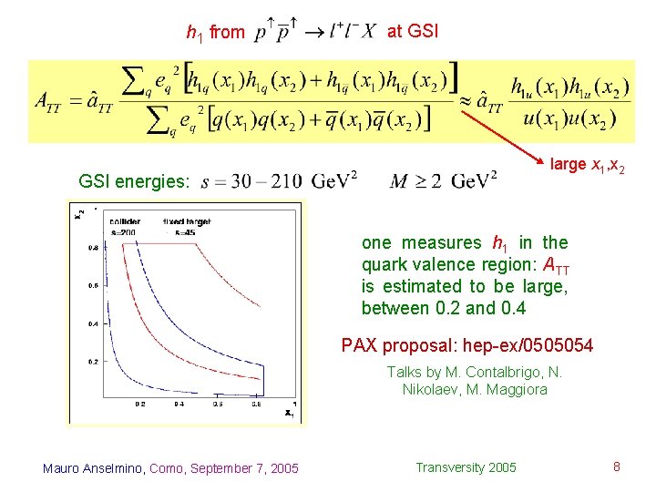 h 1 from at GSI large x 1, x 2 GSI energies: one measures