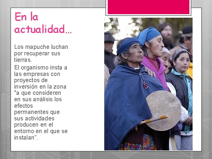 En la actualidad… Los mapuche luchan por recuperar sus tierras. El organismo insta a