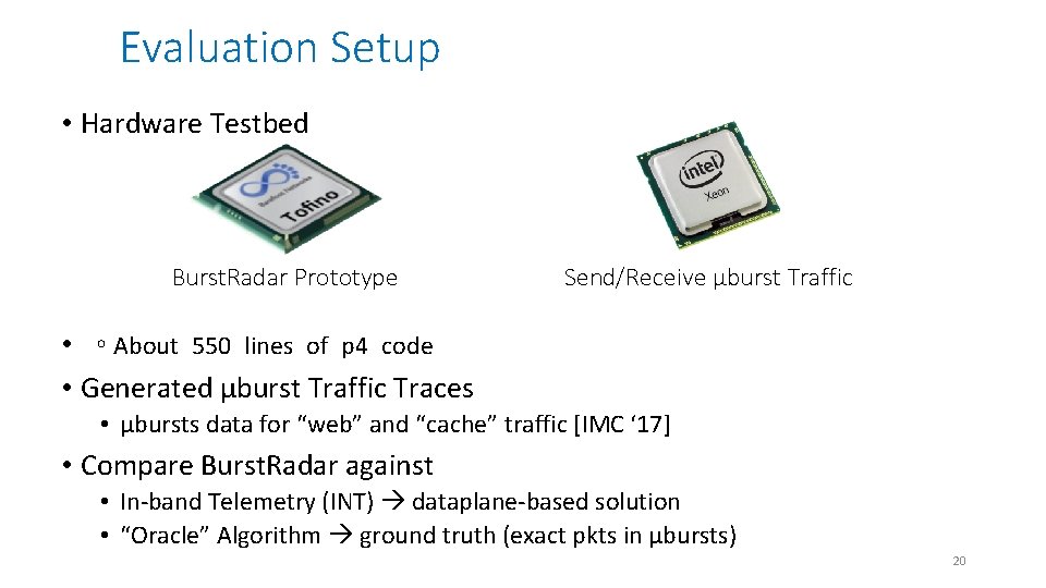 Evaluation Setup • Hardware Testbed Burst. Radar Prototype Send/Receive µburst Traffic • ◦ About