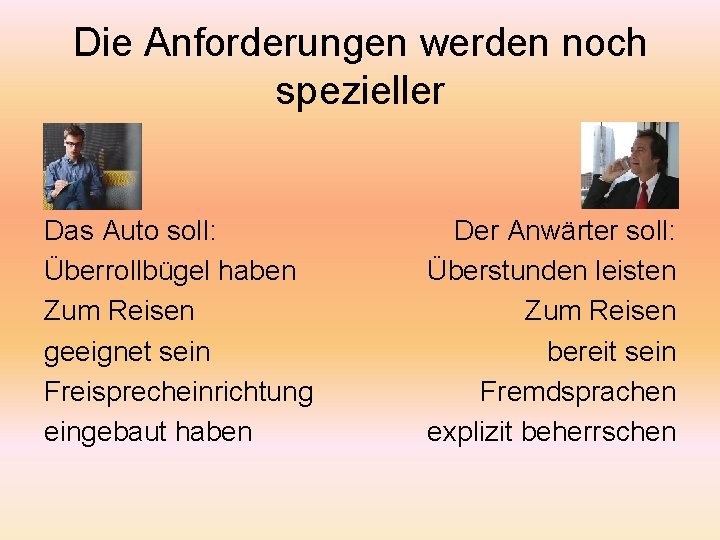 Die Anforderungen werden noch spezieller Das Auto soll: Überrollbügel haben Zum Reisen geeignet sein Die Anforderungen werden noch spezieller Das Auto soll: Überrollbügel haben Zum Reisen geeignet sein