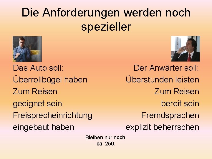 Die Anforderungen werden noch spezieller Das Auto soll: Überrollbügel haben Zum Reisen geeignet sein