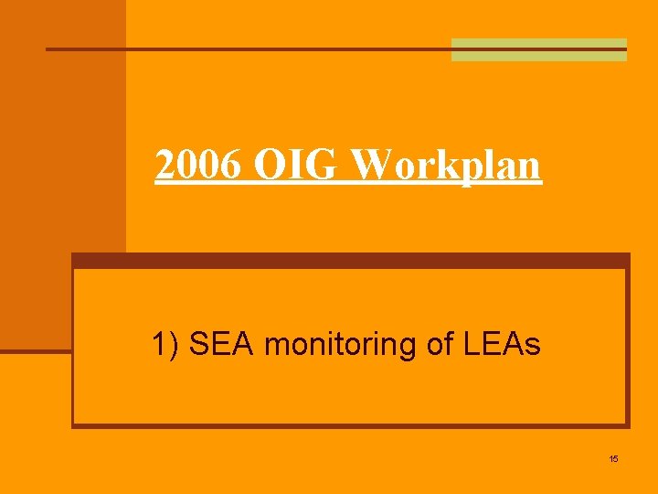 2006 OIG Workplan 1) SEA monitoring of LEAs 15 