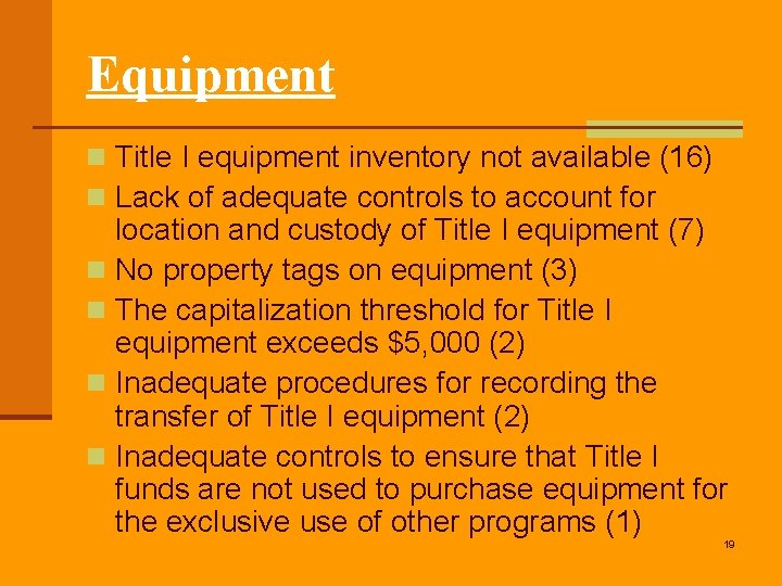 Equipment n Title I equipment inventory not available (16) n Lack of adequate controls