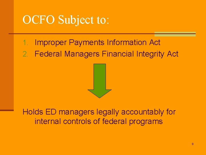 OCFO Subject to: 1. Improper Payments Information Act 2. Federal Managers Financial Integrity Act