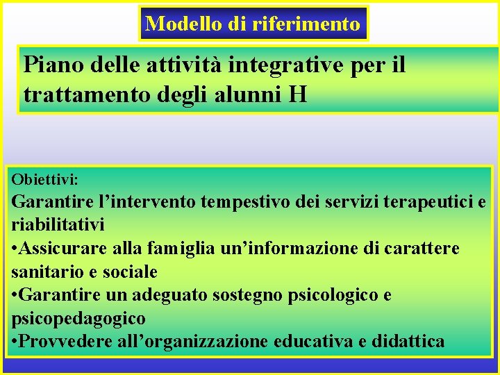 Modello di riferimento Piano delle attività integrative per il trattamento degli alunni H Obiettivi: