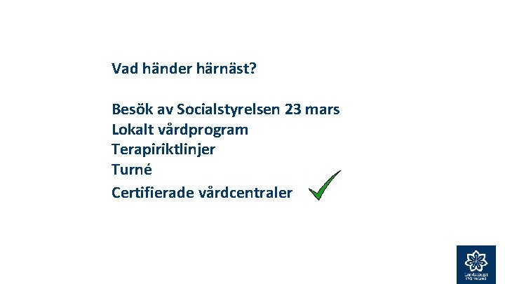 Vad händer härnäst? Besök av Socialstyrelsen 23 mars Lokalt vårdprogram Terapiriktlinjer Turné Certifierade vårdcentraler