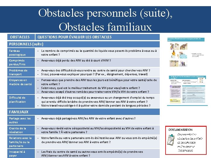 Obstacles personnels (suite), Obstacles familiaux OBSTACLES QUESTIONS POUR ÉVALUER LES OBSTACLES PERSONNELS (suite) Fardeau