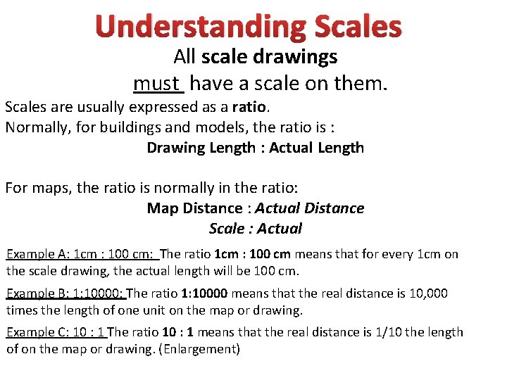 Understanding Scales All scale drawings must have a scale on them. Scales are usually