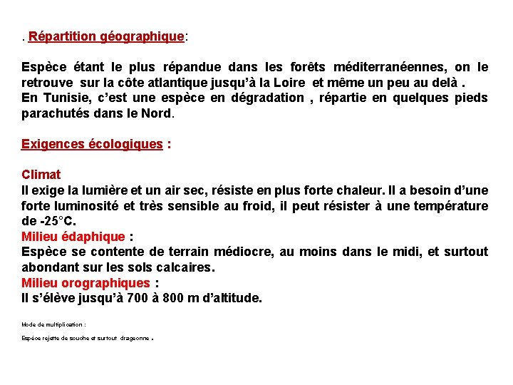 . Répartition géographique: Espèce étant le plus répandue dans les forêts méditerranéennes, on le
