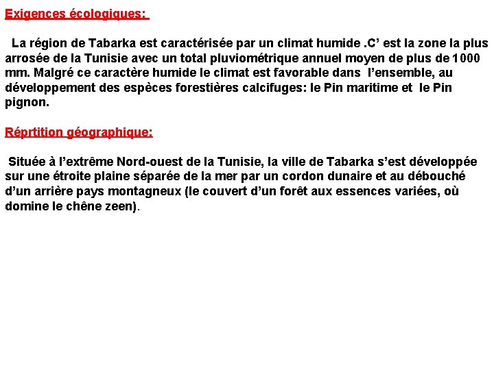 Exigences écologiques: La région de Tabarka est caractérisée par un climat humide. C’ est