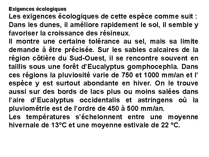 Exigences écologiques Les exigences écologiques de cette espèce comme suit : Dans les dunes,