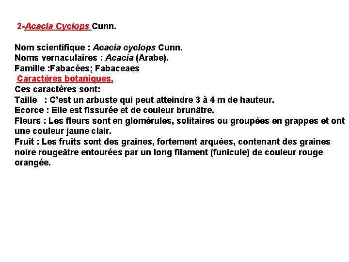 2 -Acacia Cyclops Cunn. Nom scientifique : Acacia cyclops Cunn. Noms vernaculaires : Acacia