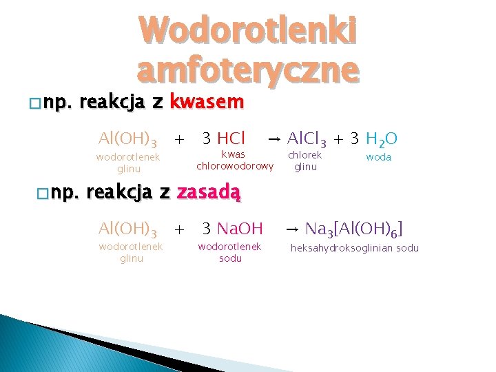 � np. Wodorotlenki amfoteryczne reakcja z kwasem Al(OH)3 + 3 HCl wodorotlenek glinu �