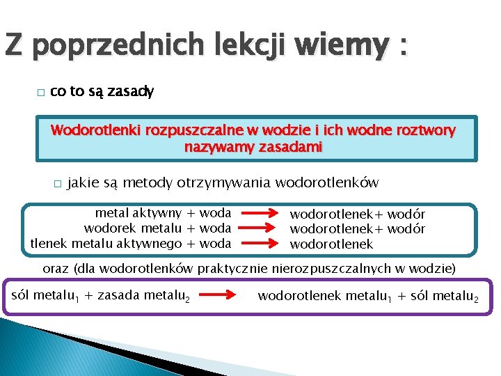 Z poprzednich lekcji wiemy : � co to są zasady Wodorotlenki rozpuszczalne w wodzie