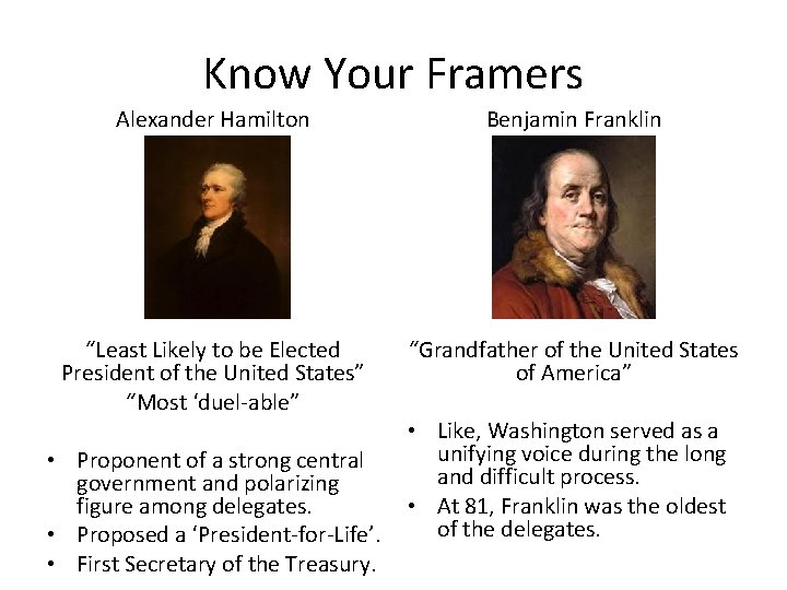 Know Your Framers Alexander Hamilton Benjamin Franklin “Least Likely to be Elected President of