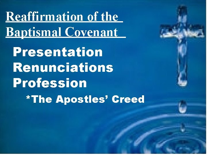 Reaffirmation of the Baptismal Covenant Presentation Renunciations Profession *The Apostles’ Creed 