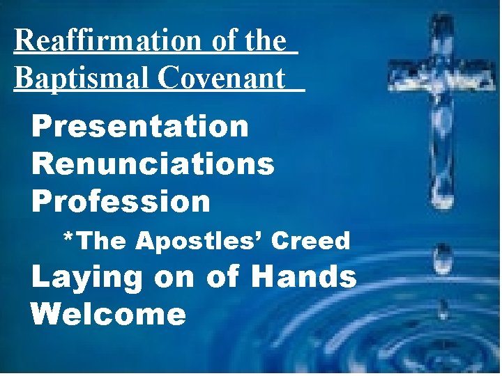 Reaffirmation of the Baptismal Covenant Presentation Renunciations Profession *The Apostles’ Creed Laying on of