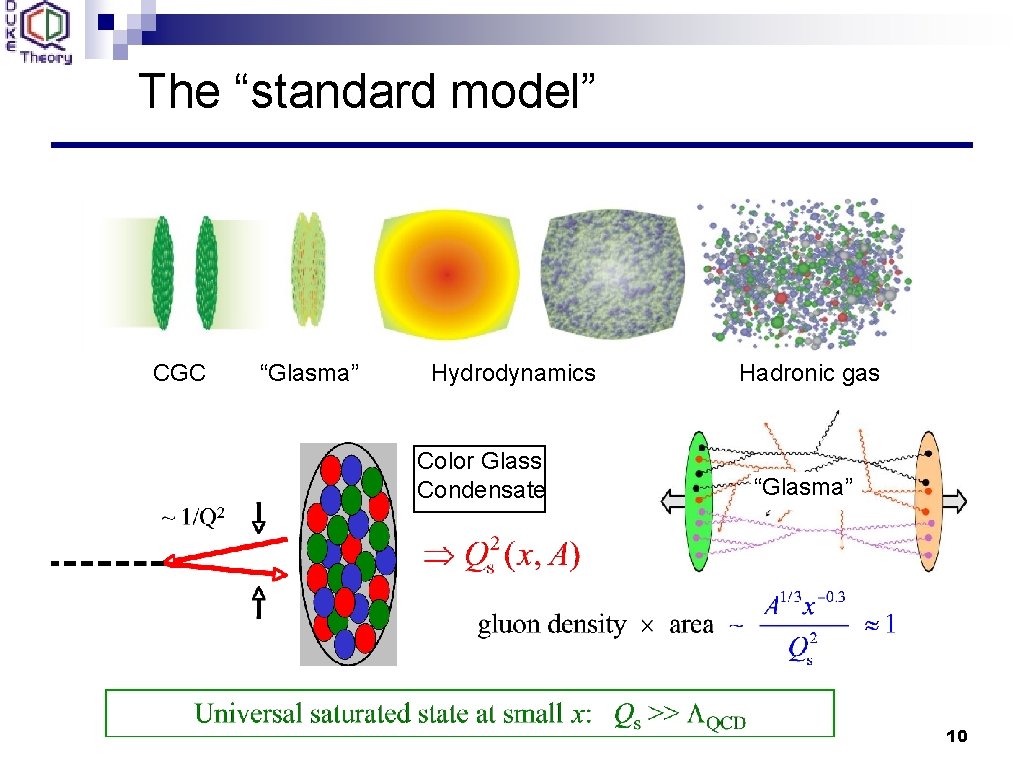 The “standard model” CGC “Glasma” Hydrodynamics Color Glass Condensate Hadronic gas “Glasma” 10 