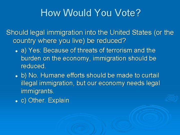 How Would You Vote? Should legal immigration into the United States (or the country