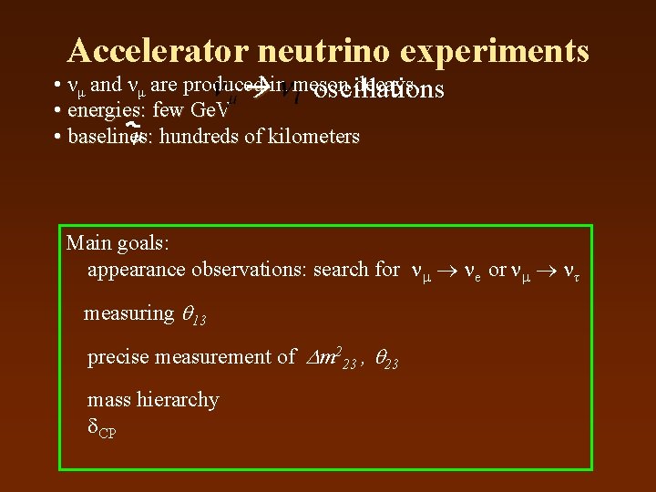 Accelerator neutrino experiments • νμ and νμ are produced decays in meson oscillations •
