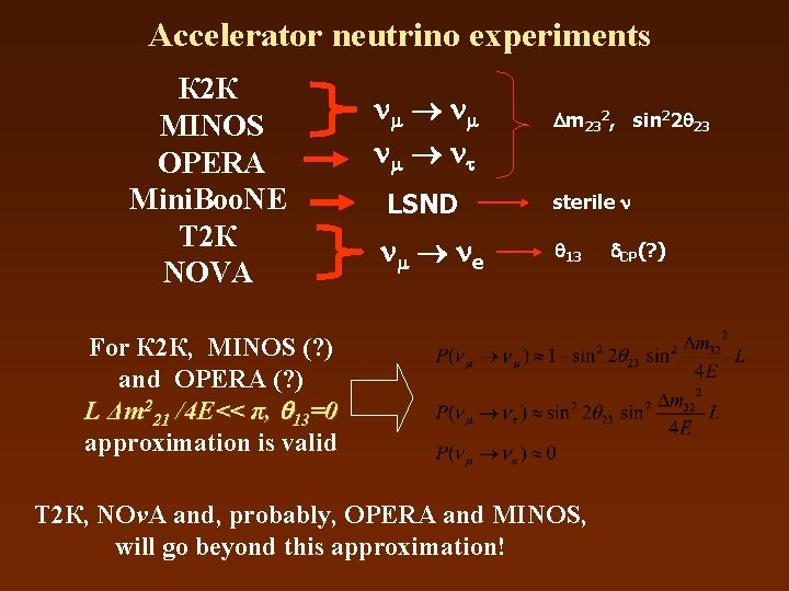 Accelerator neutrino experiments К 2 К MINOS OPERA Mini. Boo. NE Т 2 К