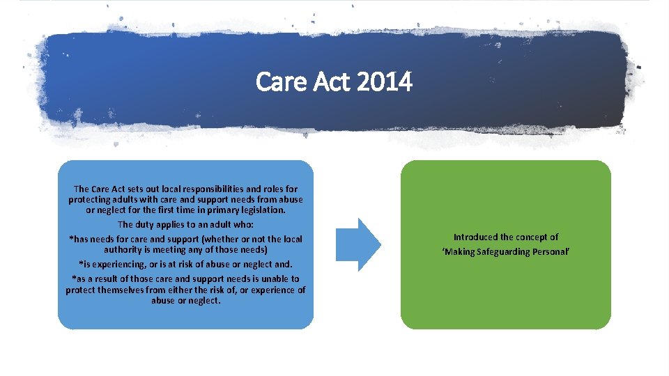 Care Act 2014 The Care Act sets out local responsibilities and roles for protecting